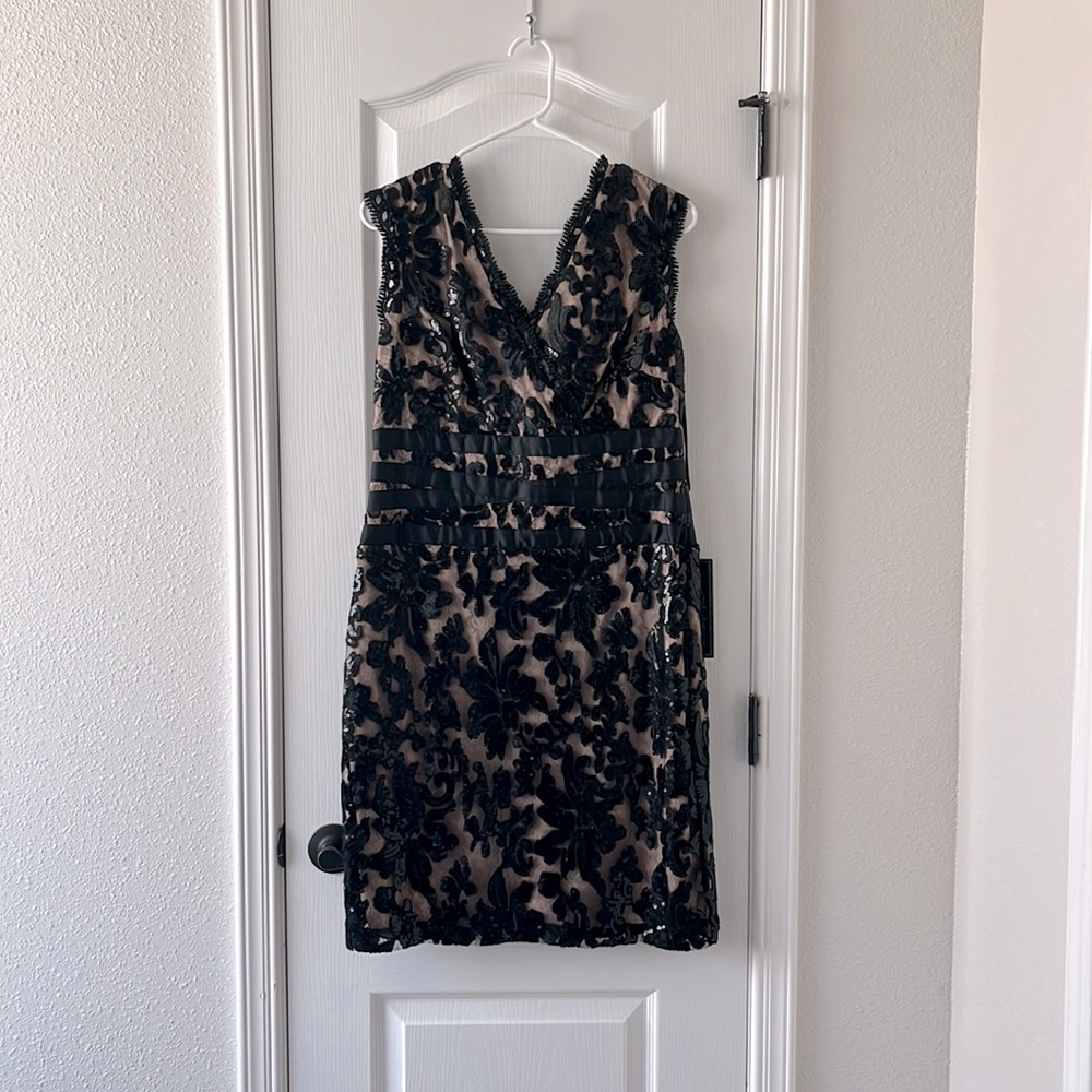 Black lace/sequin cocktail dress.